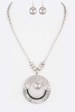 Metal Pendant  Crystal Accent Textured Necklace Set