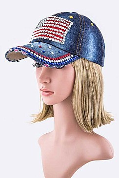 Crystal US Flag Embelished Denim Cap