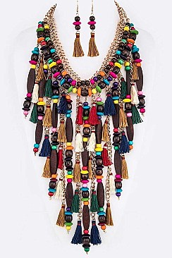 Wooden Beads Tassel Statement Necklace Set