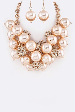 Crystal Ball and Mix Pearls Statement Necklace Set