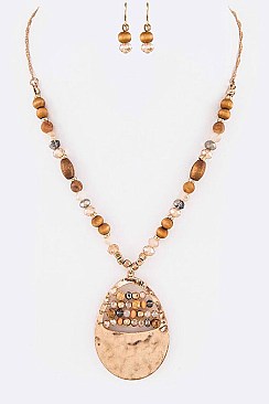 Chic Mix Beads Hammered Teardrop Pendant Necklace Set LA126227