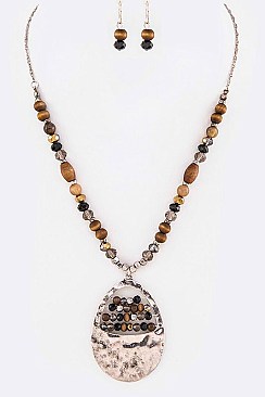 Chic Mix Beads Hammered Teardrop Pendant Necklace Set LA126227