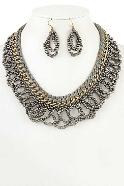 BRAIDED BEAD CHAIN BIB NECKLACE SET