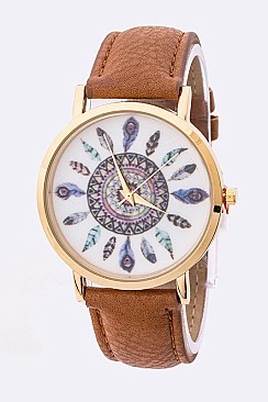 Chic Tribal Feather Print Fashion Dial Watch LA-2748