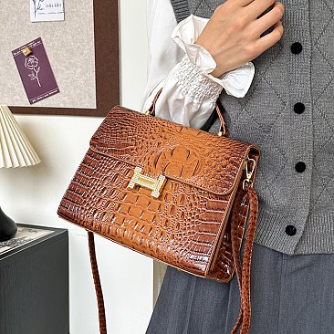 Quality " H " Metal Accent Crocodile Satchel