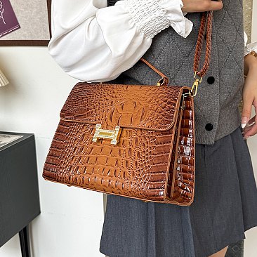 Quality " H " Metal Accent Crocodile Satchel