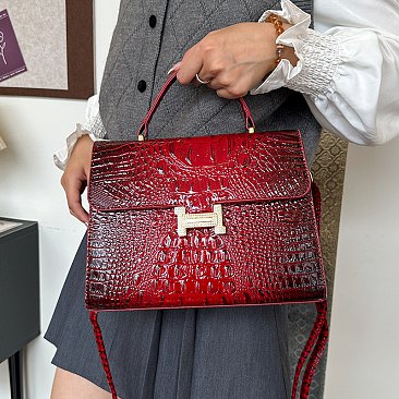 Quality " H " Metal Accent Crocodile Satchel