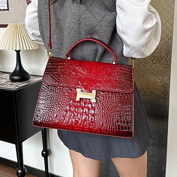 Quality " H " Metal Accent Crocodile Satchel