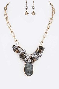 Genuine Stone Pendant and Beads Necklace Set