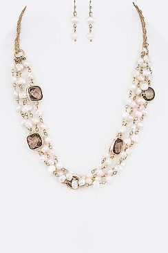 Gems and Layered Pearls Station Necklace Set