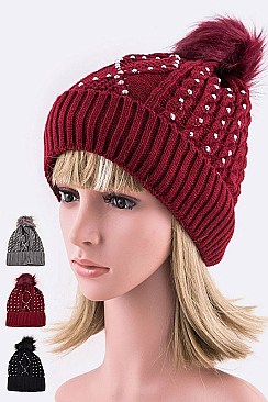 Pack of 12 pieces Crystal Fleece Lined Fur Pom Beanie LA-XPA41151
