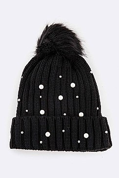 Pack of 12Pcs Assorted Pearls & Beads Fur Pom Knit Beanie