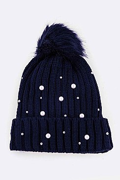 Pack of 12Pcs Assorted Pearls & Beads Fur Pom Knit Beanie