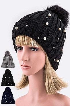Pack of 12Pcs Assorted Pearls & Beads Fur Pom Knit Beanie
