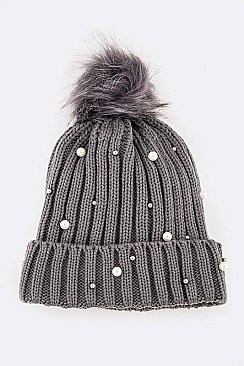 Pack of 12Pcs Assorted Pearls & Beads Fur Pom Knit Beanie