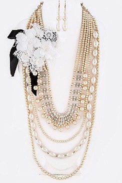 Mixed Lace Flower Strand Pearl Statement Necklace Set