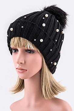 Pack of 12Pcs Assorted Pearls & Beads Fur Pom Knit Beanie