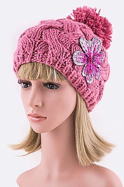 Chic Sequins Flower Cable Knit PomPom Beanie LA-ZZM011229MG048-0