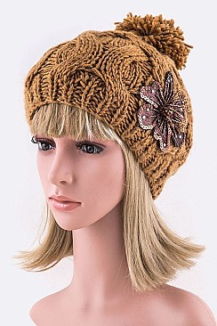 Chic Sequins Flower Cable Knit PomPom Beanie LA-ZZM011229MG048-0
