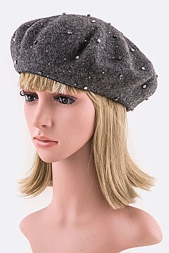 Fashion Wool Beret With Crystal Studs Accent LA-7059