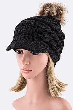 Trendy PomPom Rib Visor Convertible Ponytail Beanie LA-KM8093