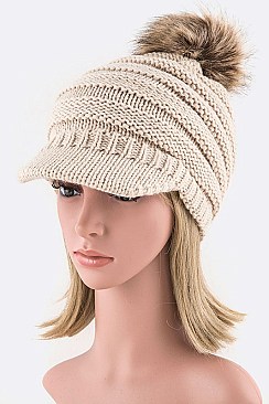 Trendy PomPom Rib Visor Convertible Ponytail Beanie LA-KM8093