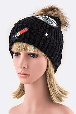 Mix Patch Iconic Fur Pom Beanie LA-MM6044
