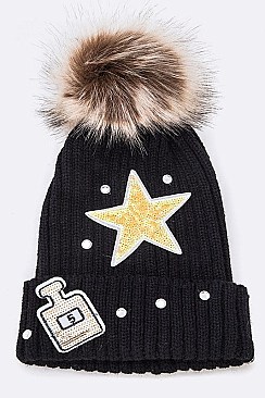 Mix Patches Iconic Fur Pom Beanie LA-MM6042