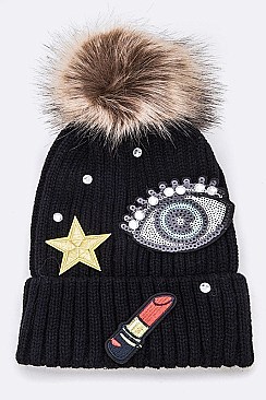 Mix Patch Iconic Fur Pom Beanie LA-MM6044