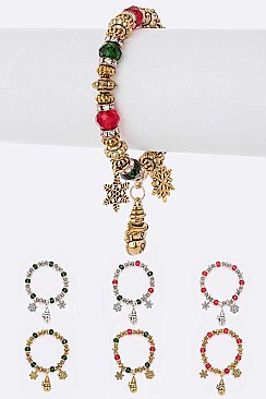 Pack of 12 Glittery Christmas Charm Bracelet Set