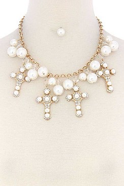 LUXURIOUS PEARLS AND BEADS CROSS CHARM DANGLE NECKLACE SET JY-MS-8519