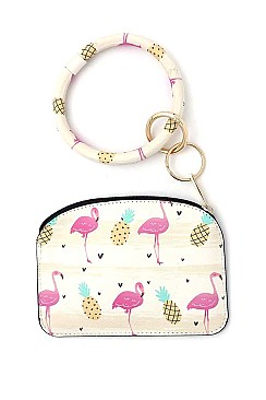 KEY RING FLAMINGO TROPICAL LEAF PATTERN POUCH