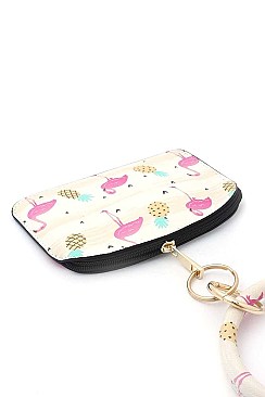 KEY RING FLAMINGO TROPICAL LEAF PATTERN POUCH