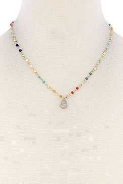 POSH FAUX DRUZY STONE DANGLE BEADED NECKLACE JY-N0270