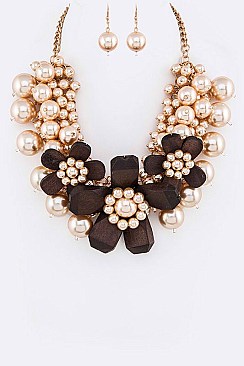 Lush Mix Pearls Wooden Flower Necklace Set LACN1870