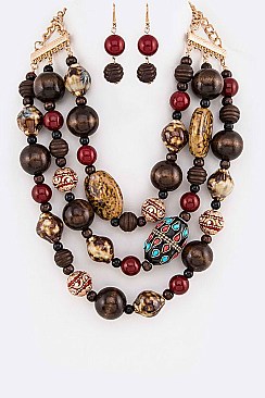 Tribal Mix Wooden & Ceramic Beads Statement Layer Necklace Set LACN1913