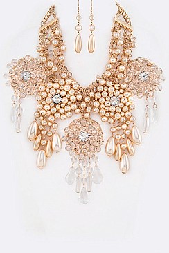 RESIN FLOWER & PEARL DROP STATEMENT NECKLACE SET