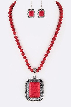 Rectangle Framed Stone Pendant With Chain and Earrings LA-HN7033