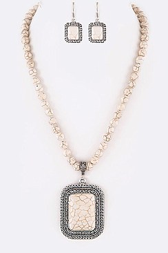 Rectangle Framed Stone Pendant With Chain and Earrings LA-HN7033