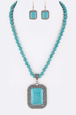 Rectangle Framed Stone Pendant With Chain and Earrings LA-HN7033