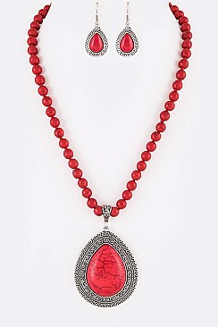 Teardrop Framed Stone Pendant With Chain and Earrings LA-HN7030