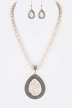 Teardrop Framed Stone Pendant With Chain and Earrings LA-HN7030