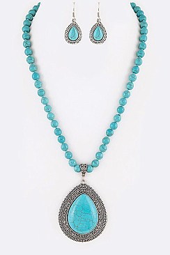 Teardrop Framed Stone Pendant With Chain and Earrings LA-HN7030
