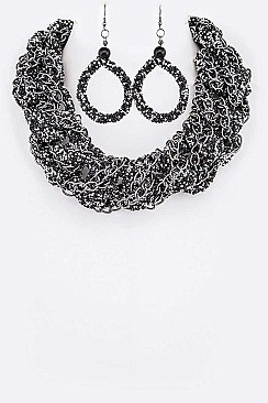 BRAIDED DRUZY CRYSTAL & CHAIN STATEMENT NECKLACE SET