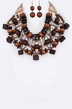 BEADS & WOOD STATEMENT NECKLACE SET