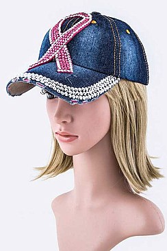 Pink Ribbon Crystal Embellished Fashion Denim Cap LA-277X111D