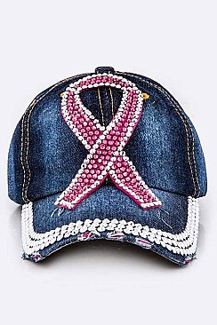 Pink Ribbon Crystal Embellished Fashion Denim Cap LA-277X111D