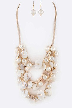 Long Mix Pearl & Shell Layer Necklace Set