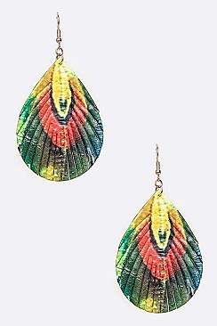 LEATHER CUTOUT MIX COLOR TEARDROP EARRING