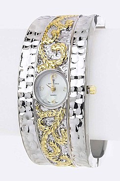 Stylish 2 Tone Hammered Bangle Watch LA 05-601